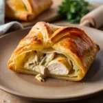 Golden, crispy chicken puff pastry squares served on a plate