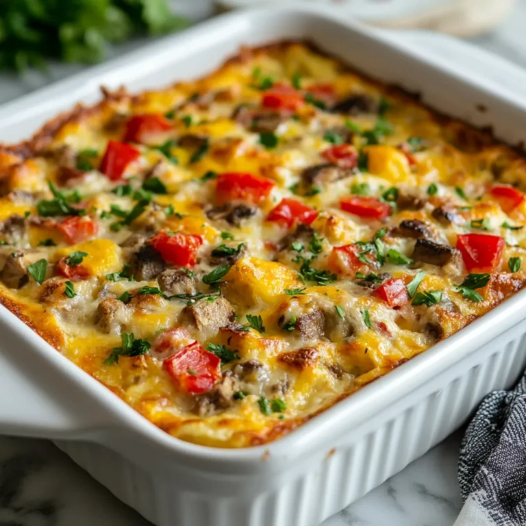 Baked easy breakfast casserole with eggs, sausage, cheese, and vegetables in a white dish