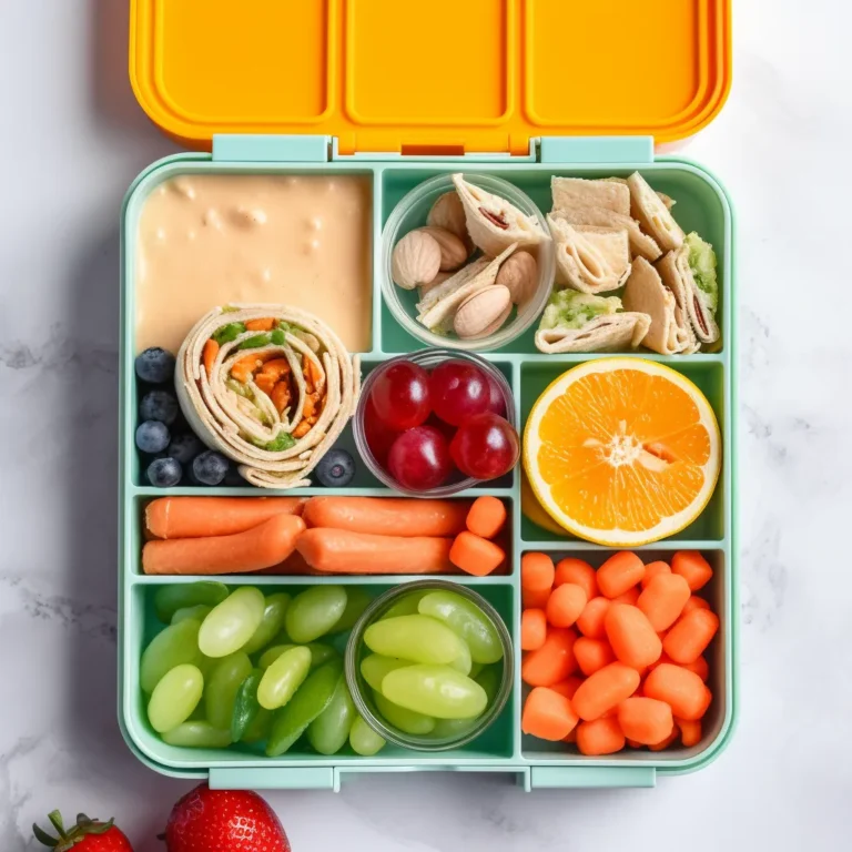 Realistic kid-friendly lunchbox with turkey roll-ups, veggies, fruit, and cheese cubes