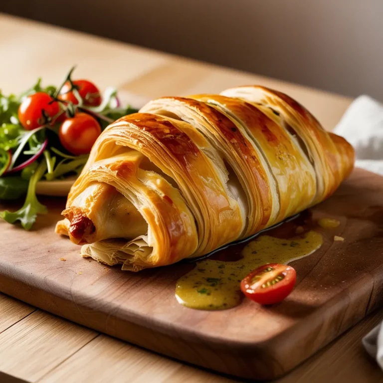 "How to Cook Chicken in Pastry – A perfectly baked chicken wrapped in golden, flaky puff pastry, served on a wooden board with fresh salad and cherry tomatoes."