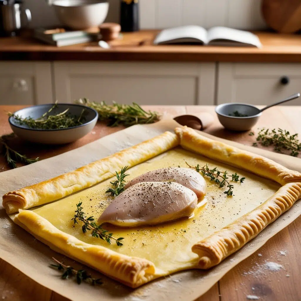 "How to Cook Chicken in Pastry – Raw chicken breasts seasoned with herbs placed on rolled-out puff pastry, ready for baking in a cozy kitchen setting."