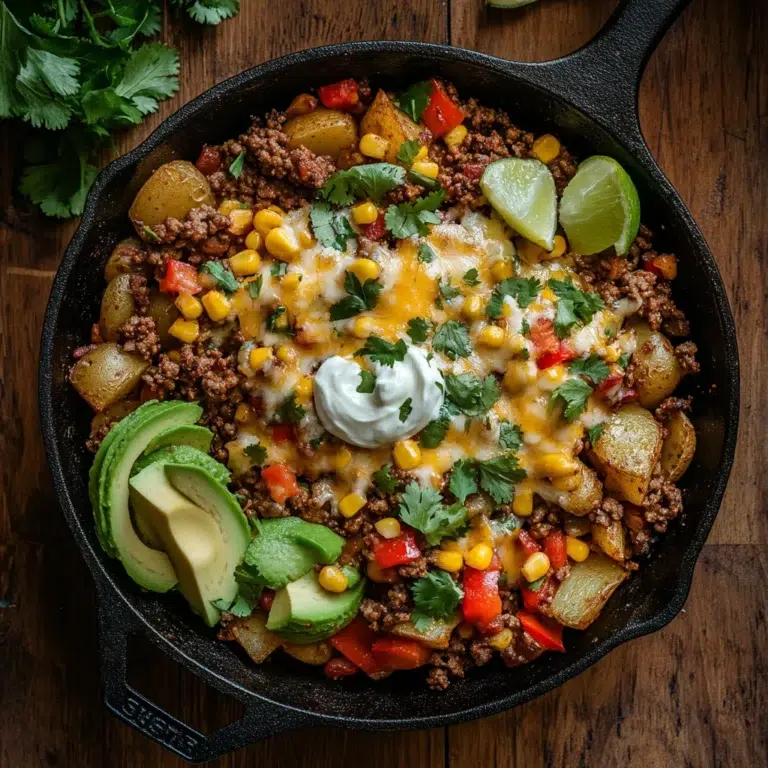 Skillet of Mexican Hash with ground beef, potatoes, corn, bell peppers, melted cheese, sour cream, and avocado slices – a quick and flavorful one-pan lunch