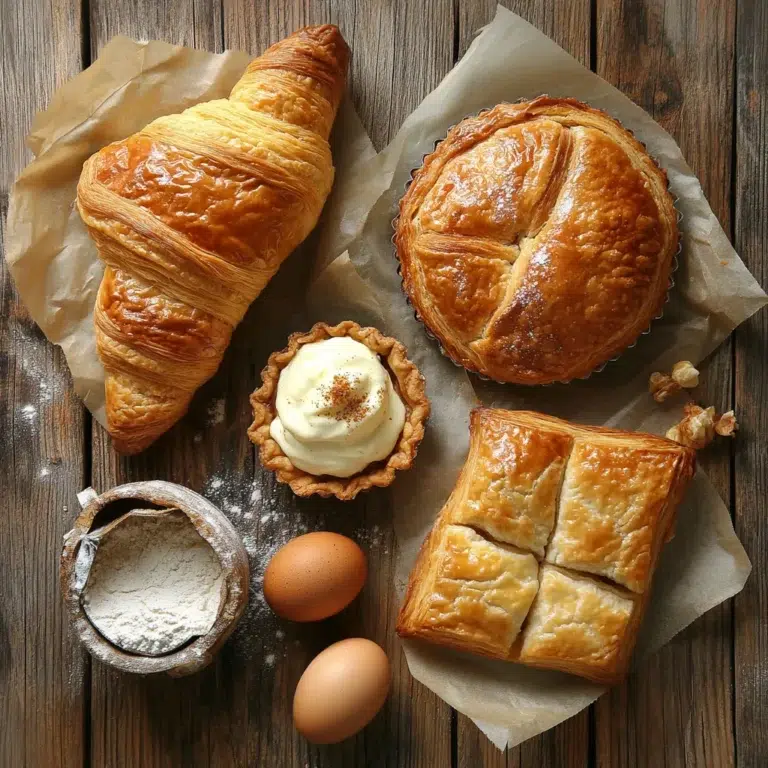"What are the 4 types of pastry? A realistic display of shortcrust, puff, choux, and filo pastries on a rustic wooden table, with ingredients like eggs and flour."