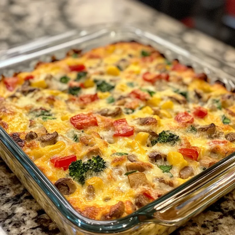 Fully baked breakfast casserole prepped the night before with veggies, cheese, and eggs in a glass dish