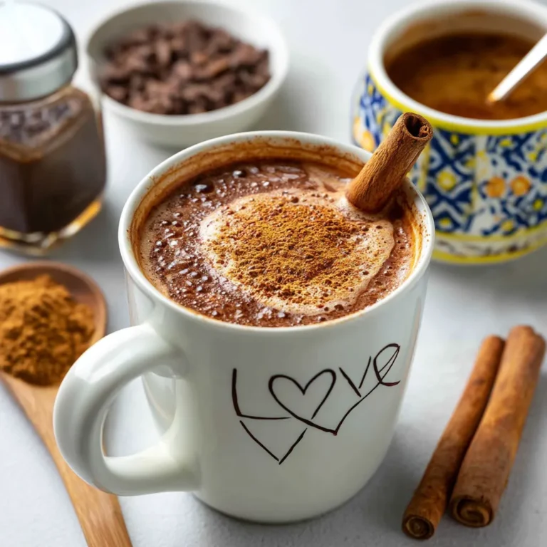 Bone broth hot chocolate in a white mug topped with cinnamon and love