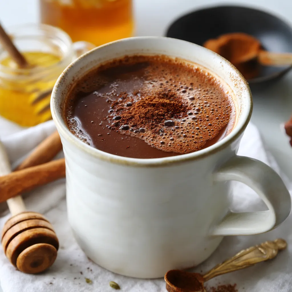 Bone broth hot chocolate in a rustic mug with cinnamon and honey