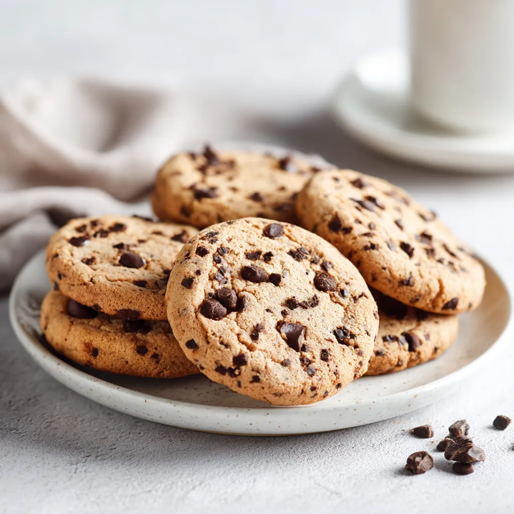 Crumbl cookies recipe with classic soft chocolate chip cookies stacked on ceramic plate