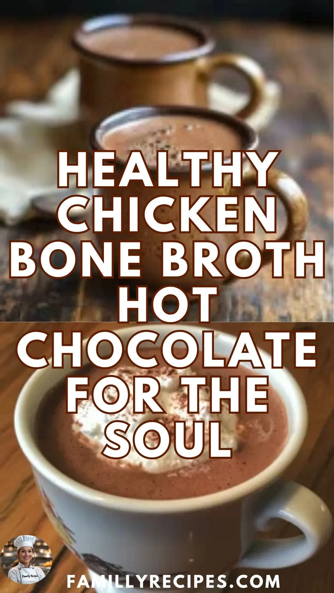 A steaming mug of creamy chicken bone broth hot chocolate topped with cinnamon and dark chocolate shavings, sitting beside raw cocoa powder and a broth jar.