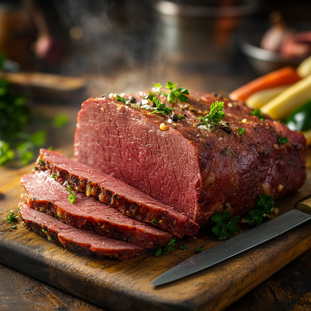 corned-beef-instant-pot-sliced.jpg Sliced corned beef instant pot brisket on a wooden board with garnish and vegetables