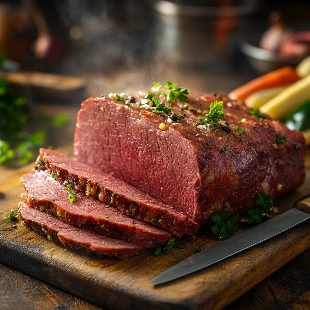 Sliced corned beef instant pot brisket on a wooden board with garnish and vegetables