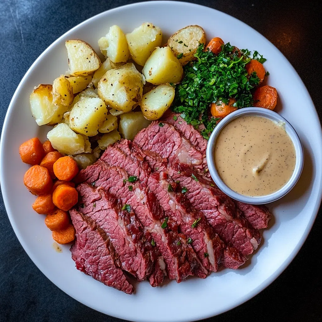 Corned beef instant pot served with roasted potatoes, carrots, greens, and mustard sauce