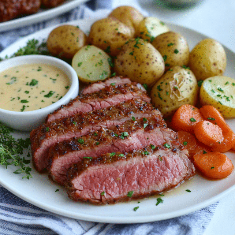 Corned beef instant pot served with baby potatoes, carrots, and mustard sauce