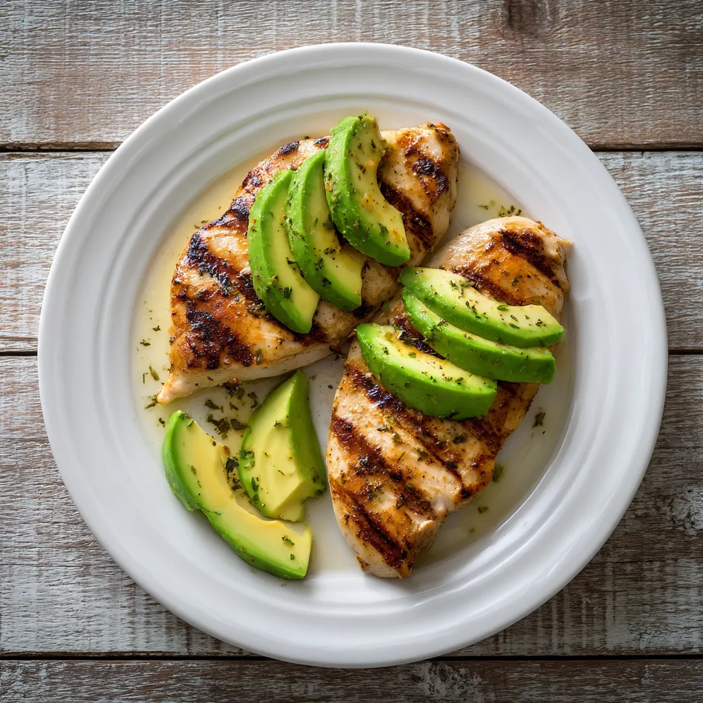 Grilled Chicken with Avocado – Fresh & Flavorful Grilled Chicken with Avocado Slices on White Plate