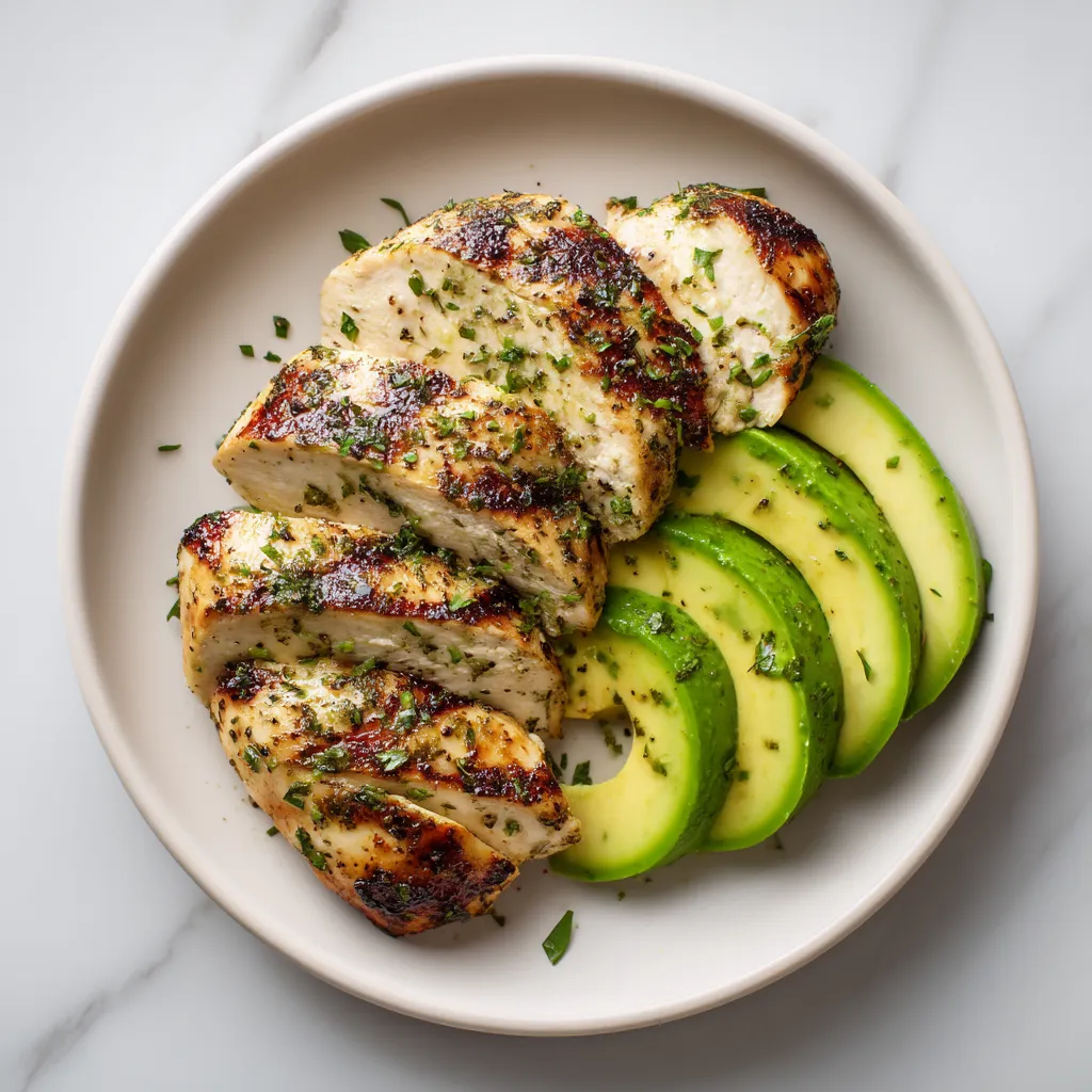 Herb Grilled Chicken with Avocado – Healthy Dinner Idea Sliced Grilled Chicken with Avocado on White Plate