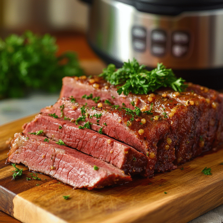 Instant Pot corned beef recipe on cutting board