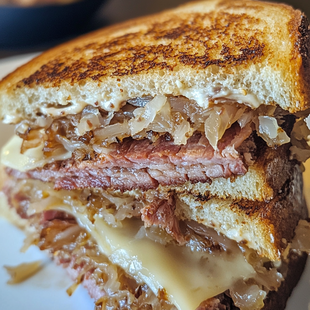 Reuben sandwich made from instant pot corned beef recipe leftovers