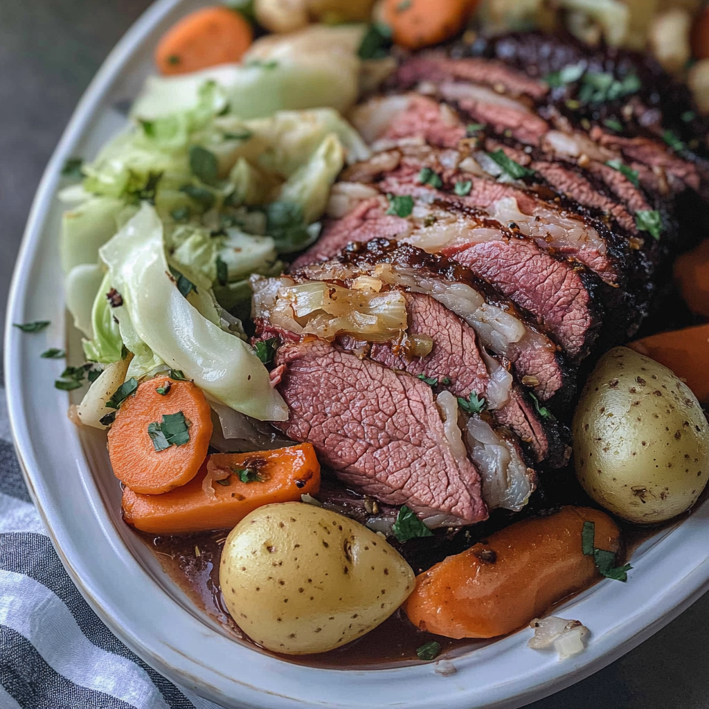Corned Beef and Cabbage served with carrots and potatoes