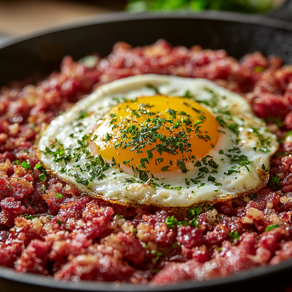 Corned beef hash with egg in skillet