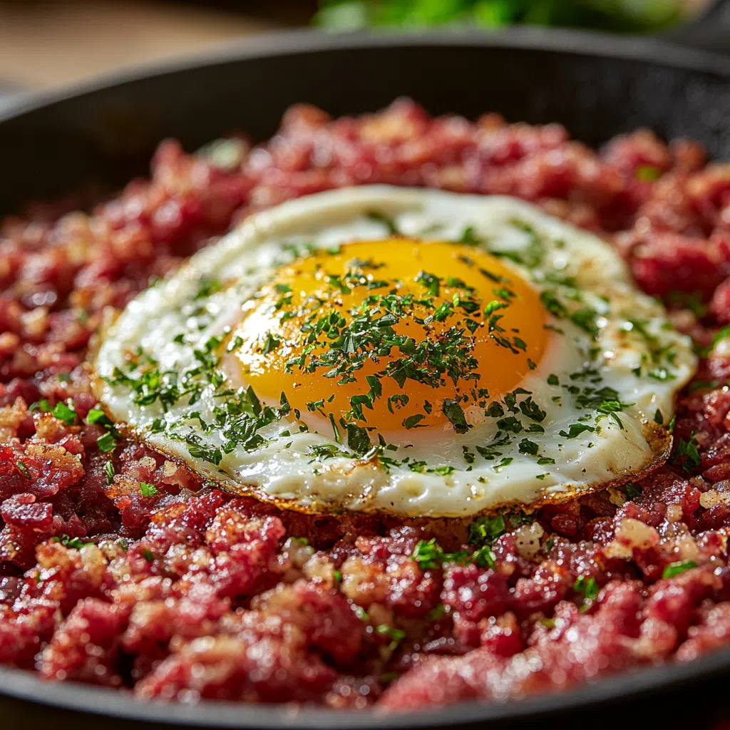 Corned beef hash with egg in skillet