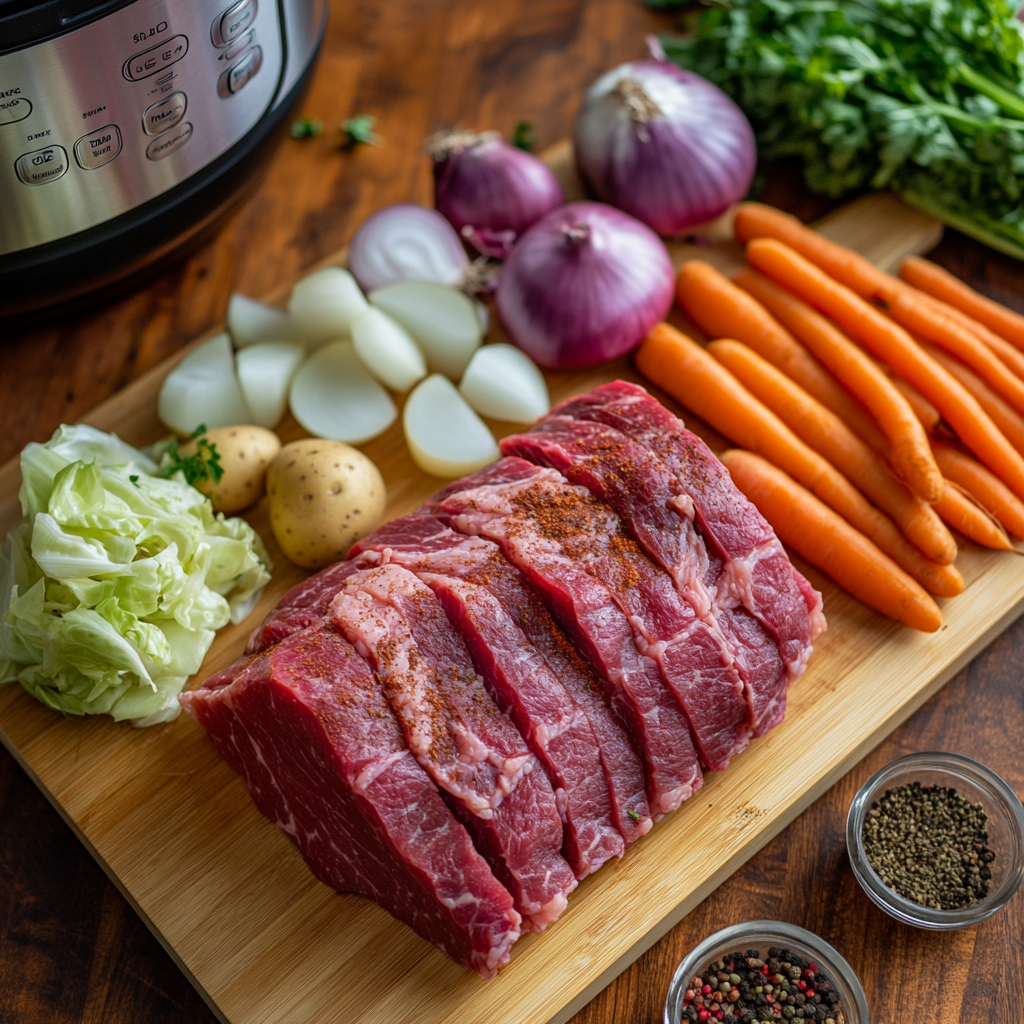 Corned Beef and Cabbage ingredients flat lay