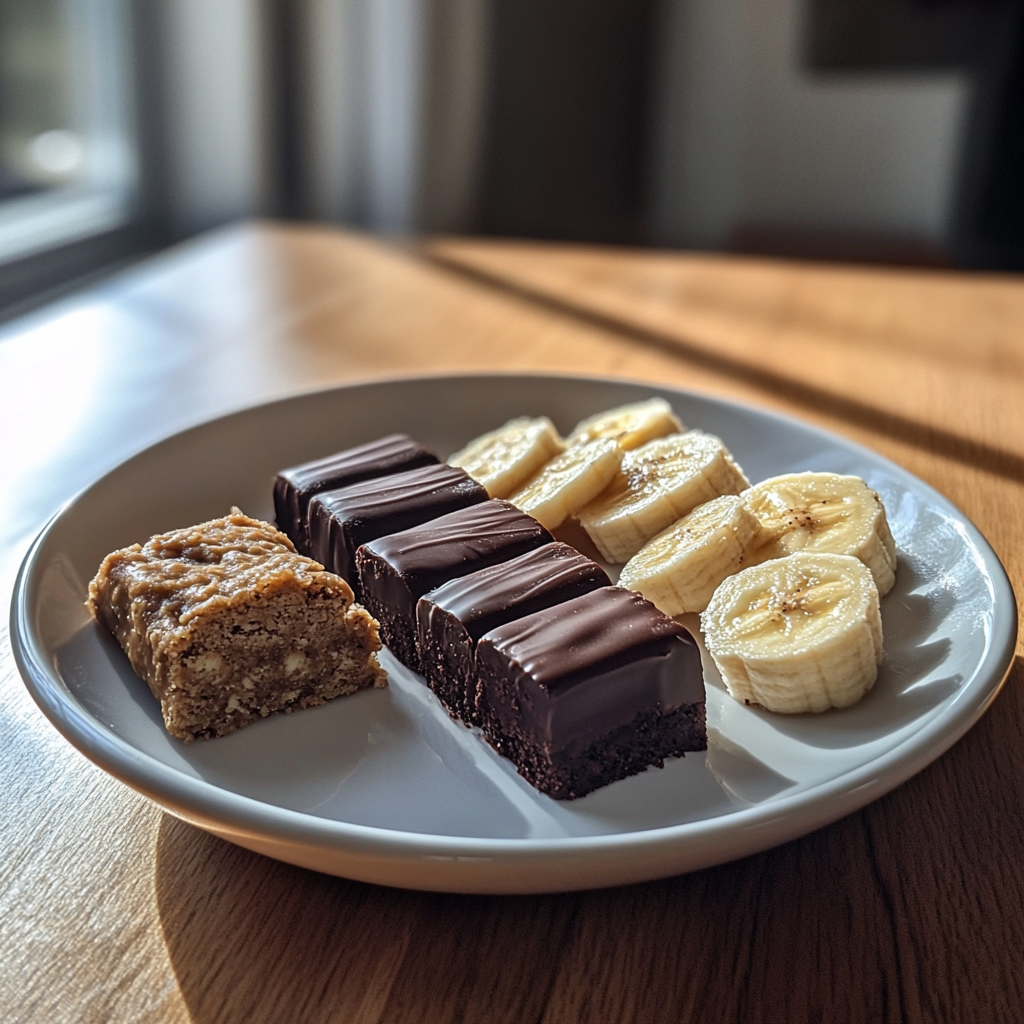 high-protein-desserts-chocolate-banana-bars.jpg Close-up photo of a white plate displaying a variety of homemade high protein desserts: chocolate-coated protein bars with drizzled tops, banana rounds, dense nut-based bars, and rich protein truffles. Captured in natural daylight on a rustic wooden table with a blurred kitchen background, ideal for recipe blog features or healthy snack promotions.