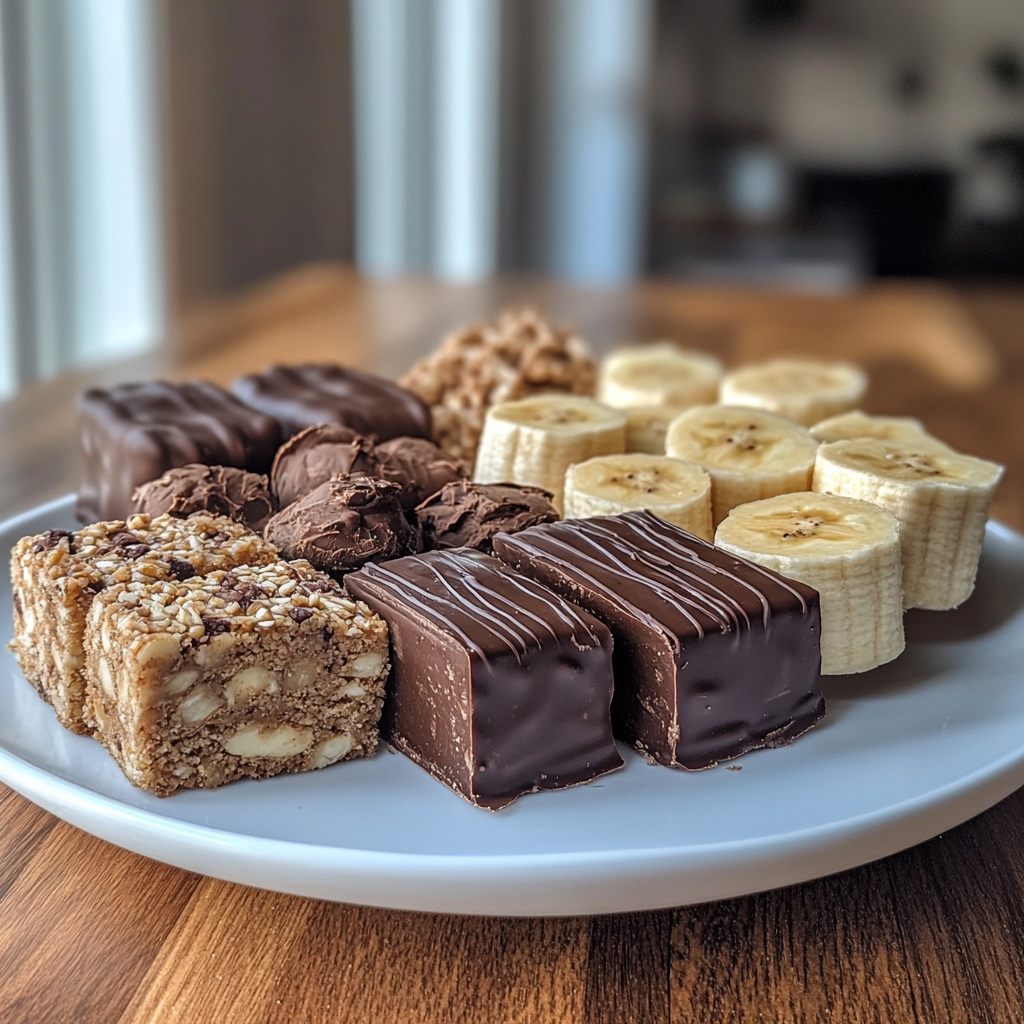 Easy High Protein Desserts Recipes: Assorted high protein desserts on a white plate including chocolate-covered bars, banana slices, protein truffles, and nut-packed bars on a wooden table.