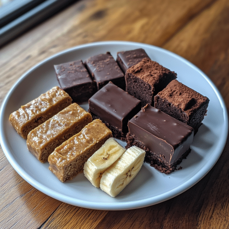 Easy High Protein Desserts Recipes: A white plate with assorted easy high protein desserts including chocolate brownies, peanut butter bars, and banana slices on a wooden table.