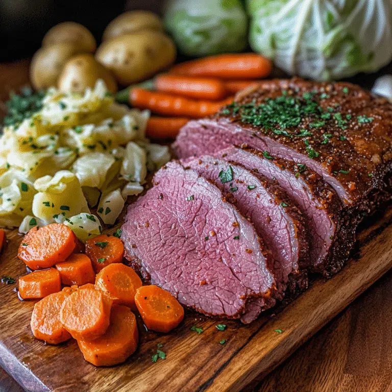 Instant Pot corned beef with cabbage and carrots on a wooden board