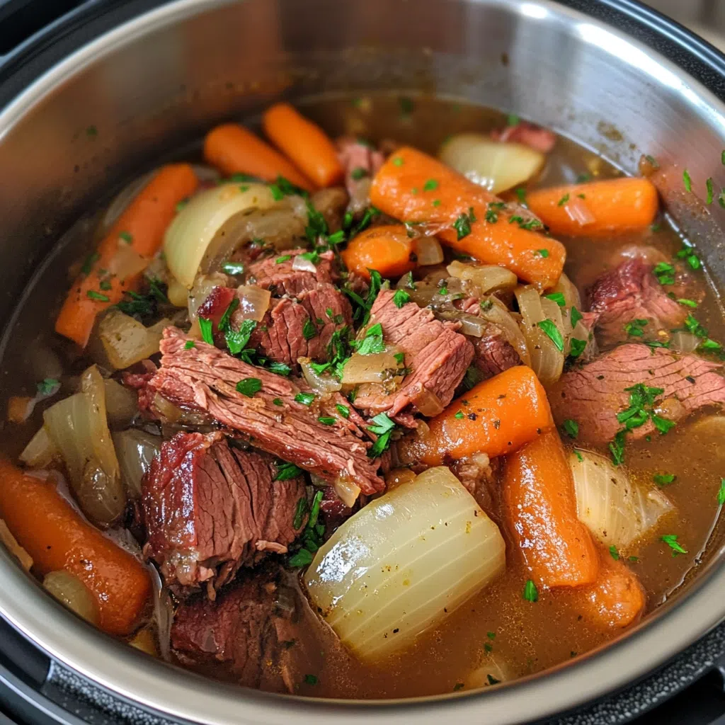 Preparing instant pot slow cooker corned beef with broth and vegetables