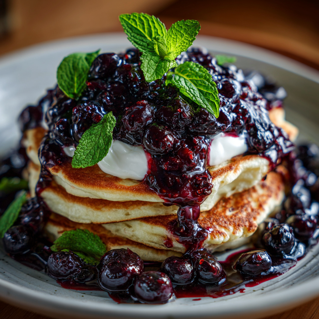 blueberry compote on pancakes with yogurt