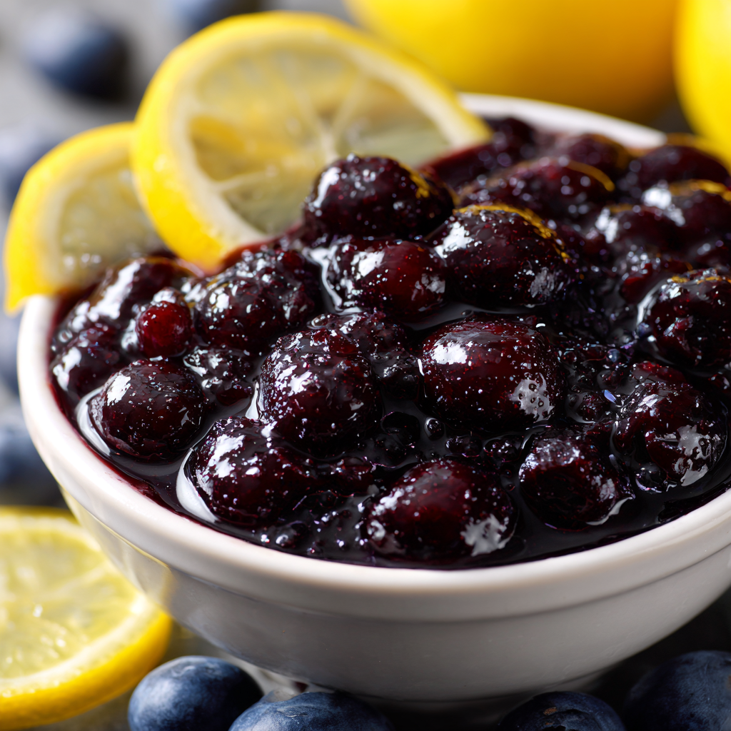 blueberry compote recipes served in a white bowl with lemon slices