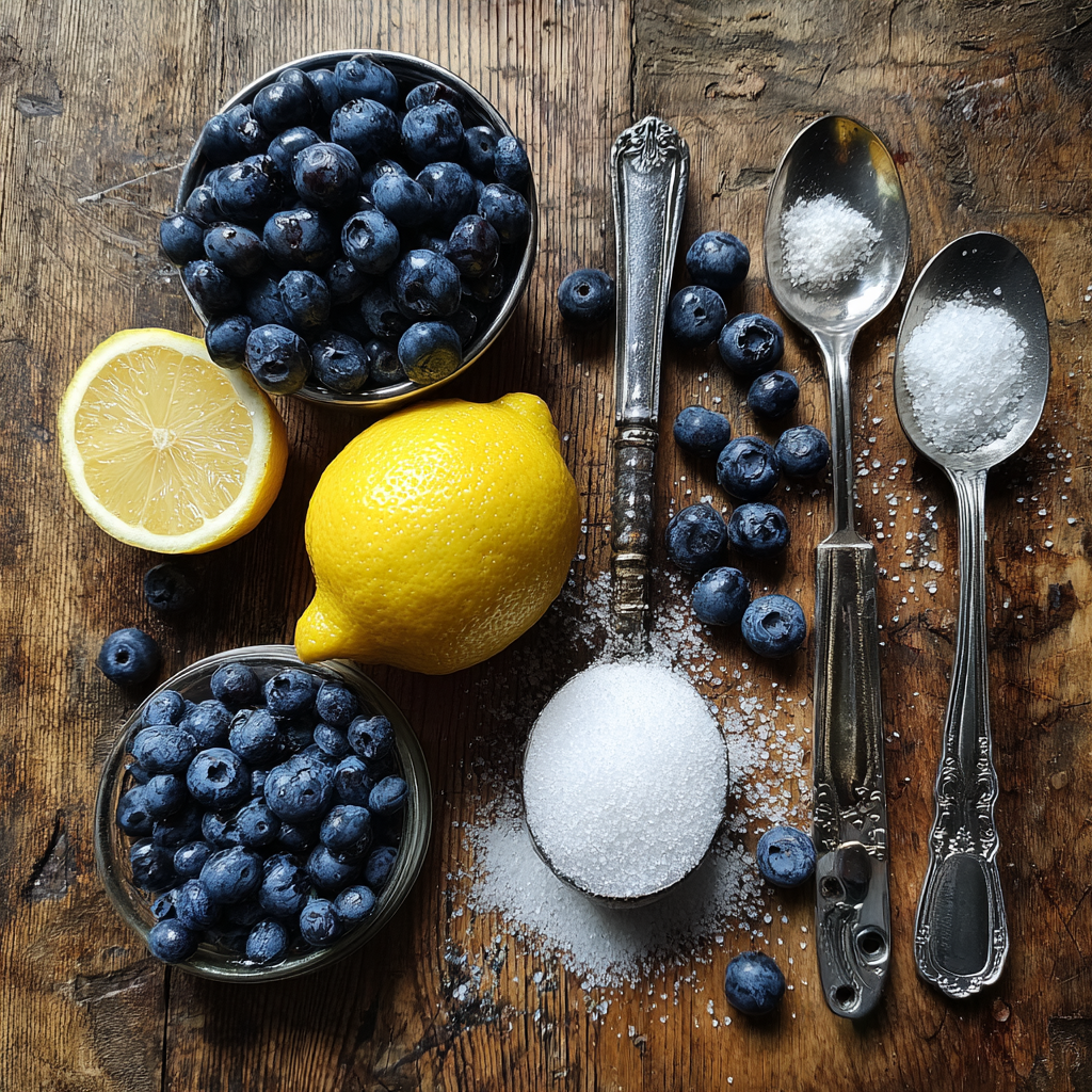 Ingredients for an easy blueberry compote recipe with blueberries, lemon, and sugar.