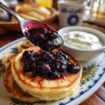 Easy blueberry compote served over pancakes with yogurt.