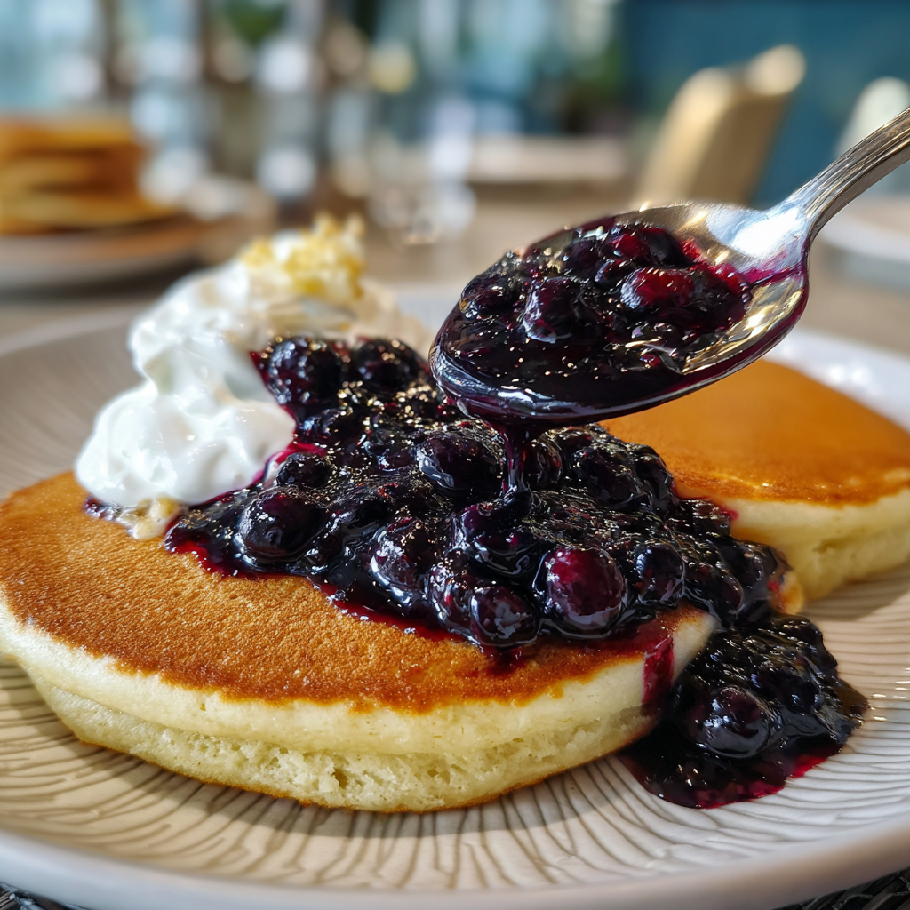 blueberry-compote-on-pancakes.jpg Easy blueberry compote served over pancakes with yogurt.