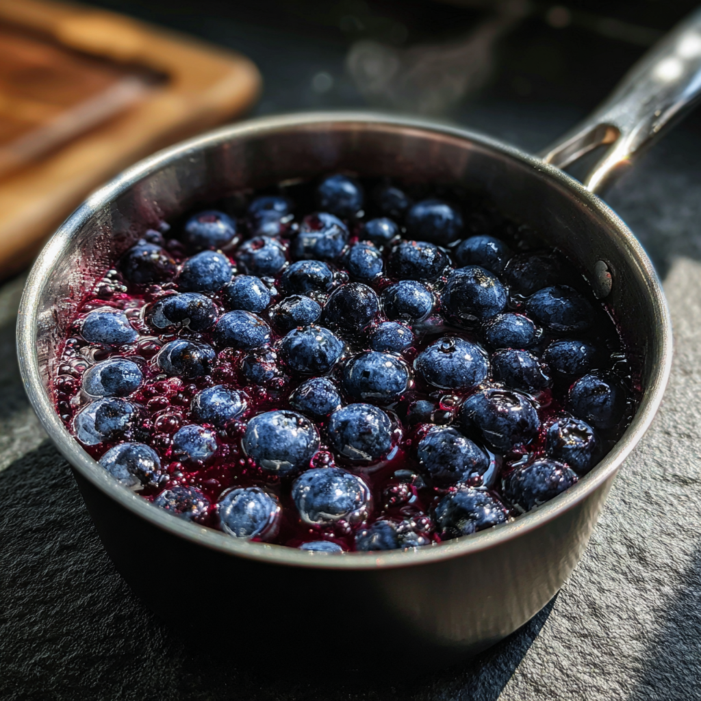 Easy blueberry compote recipe simmering in a saucepan with fresh berries.