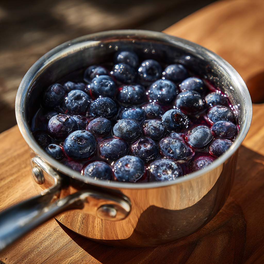 Easy blueberry compote recipe simmering in a saucepan with fresh berries.