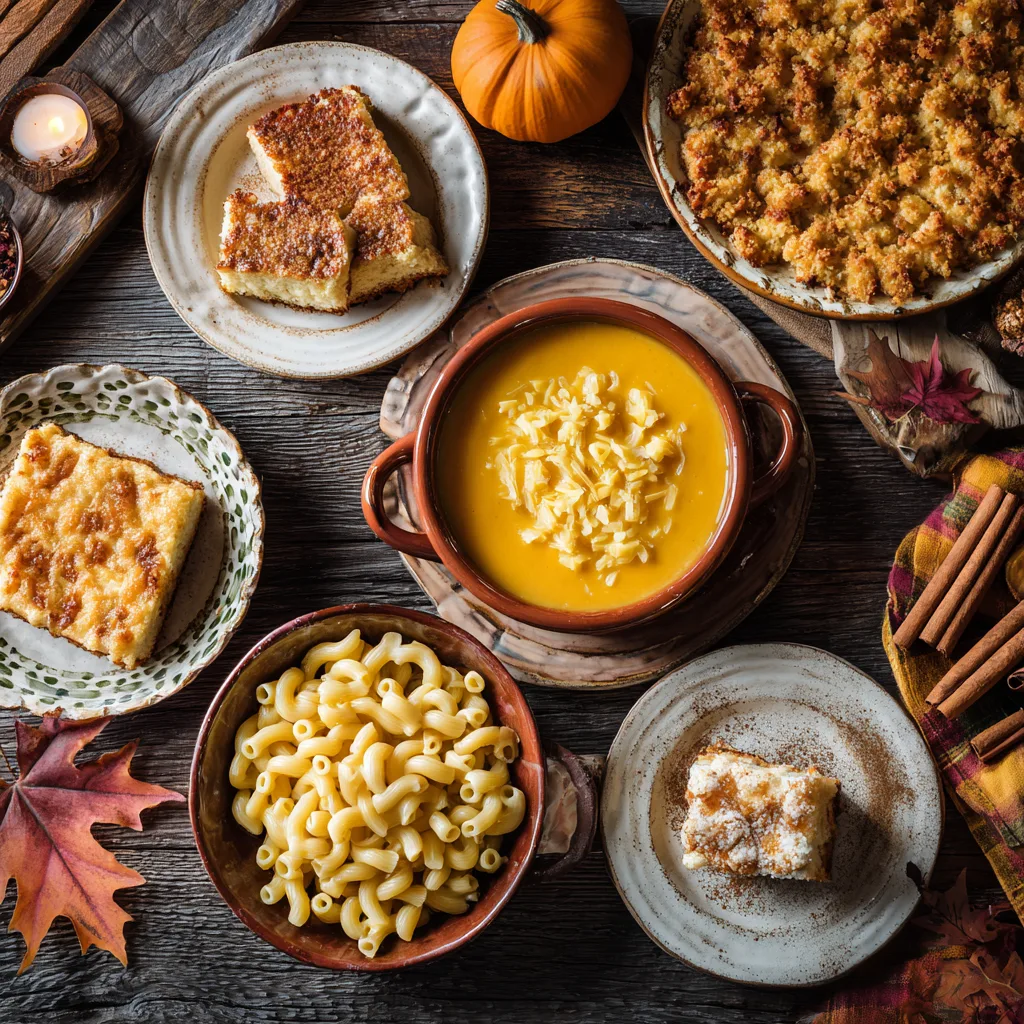 Cozy Pumpkin Recipes – Fall Comfort Food Collection Rustic autumn table with pumpkin soup, mac and cheese, and pumpkin desserts served in ceramic bowls, surrounded by cinnamon sticks, candles, and fall leaves.