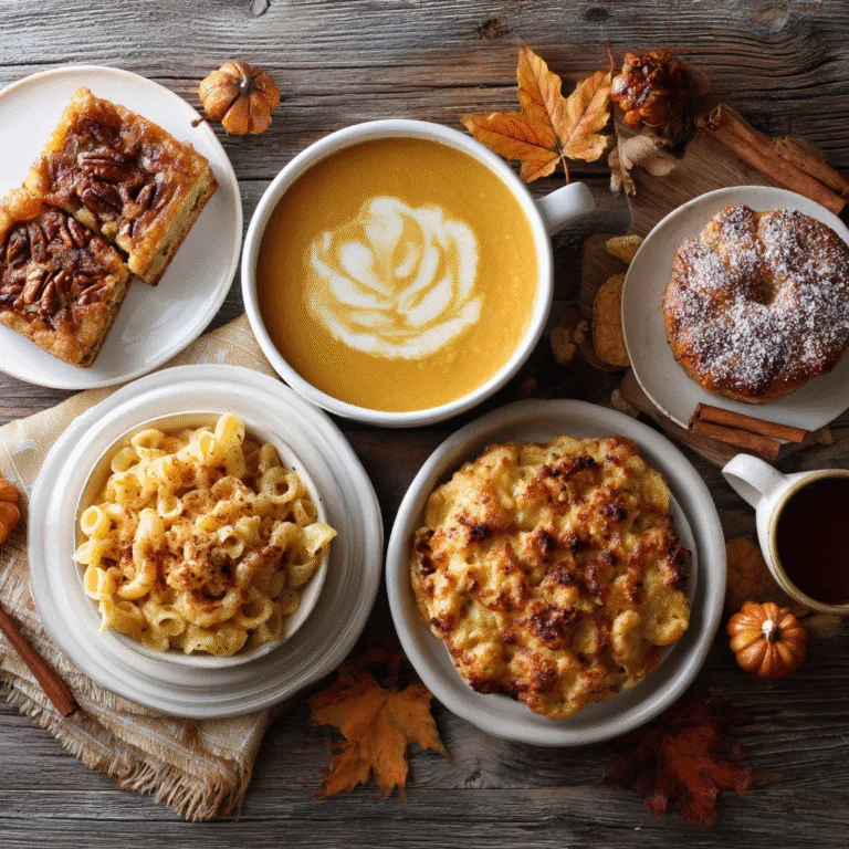 Cozy autumn food flat lay featuring pumpkin soup, mac and cheese, bread, cheesecake bars, and other pumpkin dishes on a rustic wooden table, warm fall light.