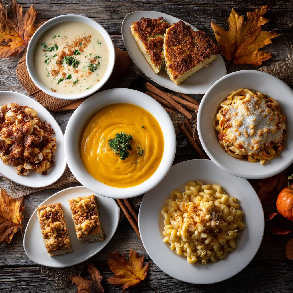 10 Cozy Pumpkin Recipes to Celebrate Fall – Hero Image Version 2 Cozy autumn food spread featuring pumpkin soup, mac and cheese, pasta, and cheesecake bars arranged on a rustic wooden table with fall leaves and cinnamon sticks, warm daylight