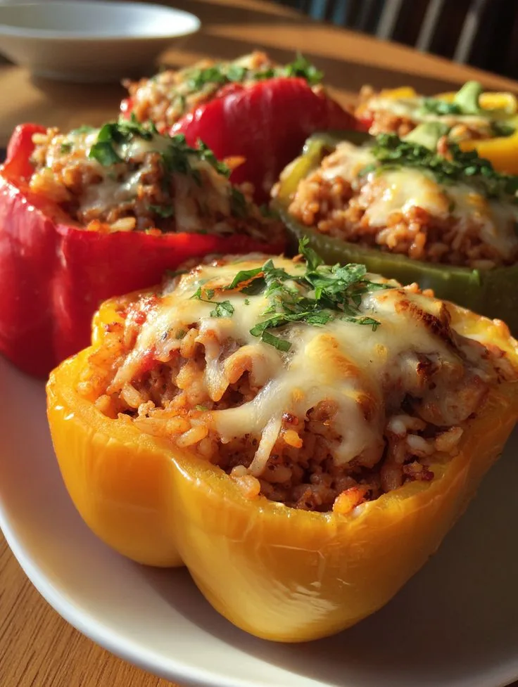 Close-up of cheesy stuffed bell peppers filled with rice and beef, topped with melted mozzarella and parsley, served on a white plate.