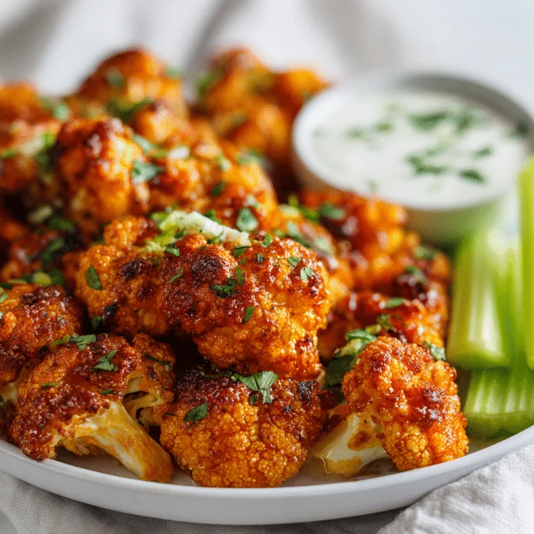 Crispy air fryer buffalo cauliflower bites coated in spicy sauce, served with ranch dip and celery sticks on a white plate.