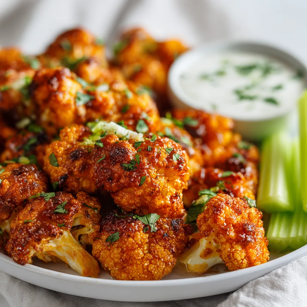 Crispy air fryer buffalo cauliflower bites coated in spicy sauce, served with ranch dip and celery sticks on a white plate.