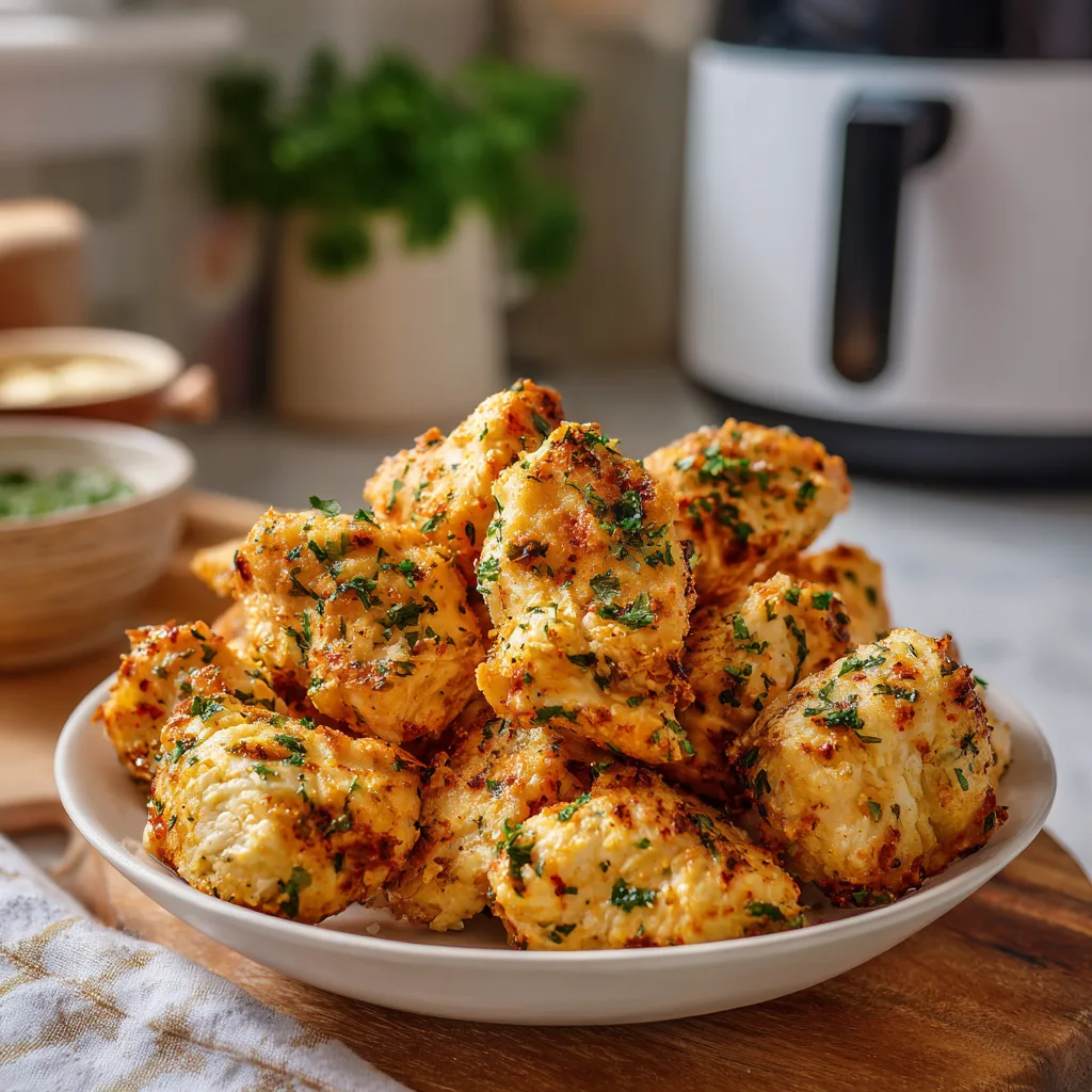 Air Fryer Chicken Bites Crispy air fryer chicken bites served in a white bowl with parsley garnish, bright kitchen lighting