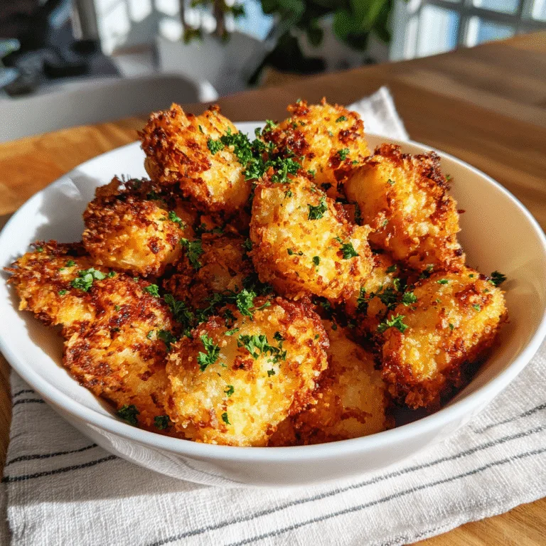 Crispy air fryer chicken bites served in a white bowl with parsley garnish, bright kitchen lighting.