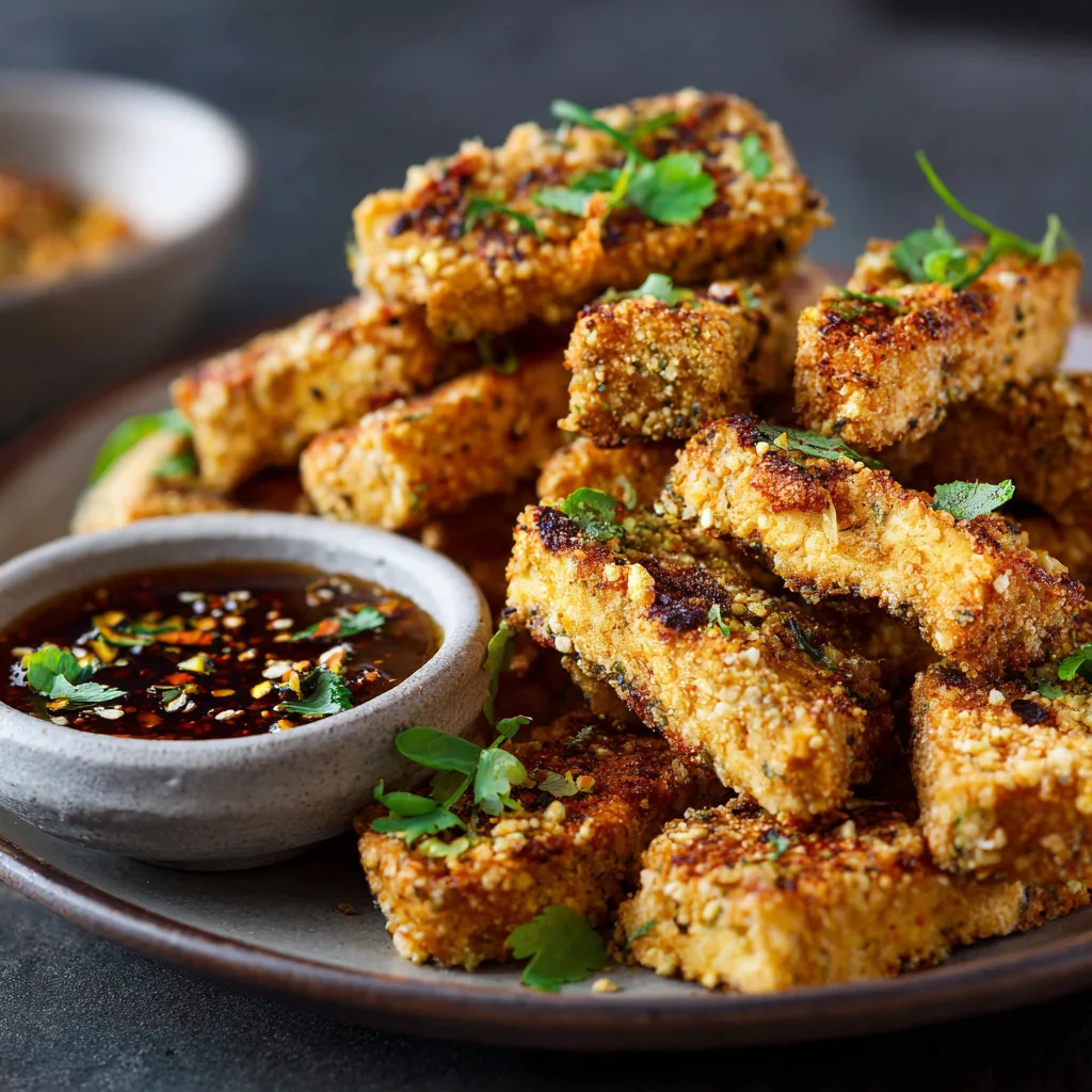Air Fryer Crispy Tofu Nuggets: Golden crispy tofu nuggets on a white plate served with dipping sauce and herbs, warm natural light.