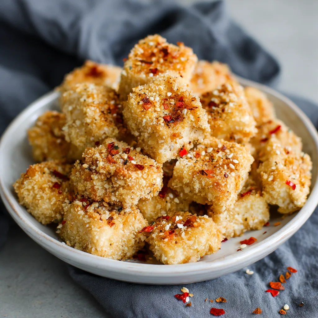 Air Fryer Crispy Tofu Nuggets Golden crispy tofu nuggets on a white plate served with dipping sauce and herbs, warm natural light.