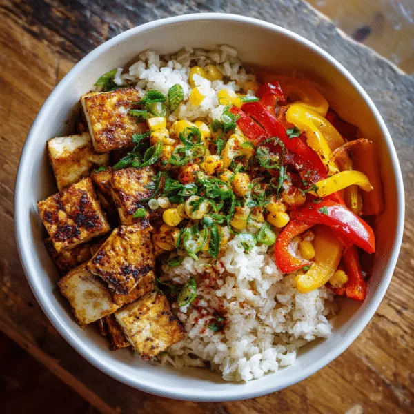 BBQ Tofu Meal Prep Bowls: BBQ tofu bowl with rice, corn, and peppers in a white ceramic bowl, rustic family table lighting.
