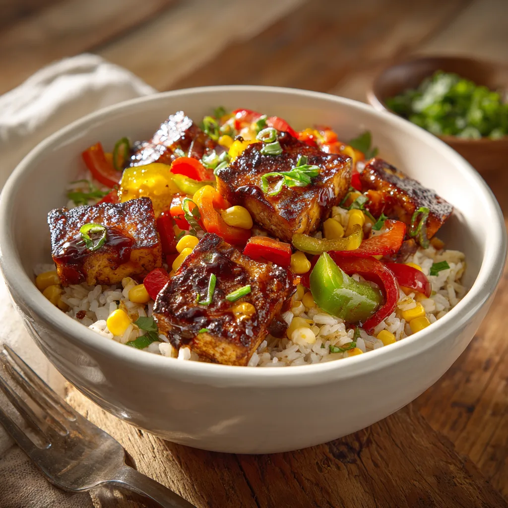 BBQ tofu bowl with rice, corn, and peppers in a white ceramic bowl, rustic family table lighting.