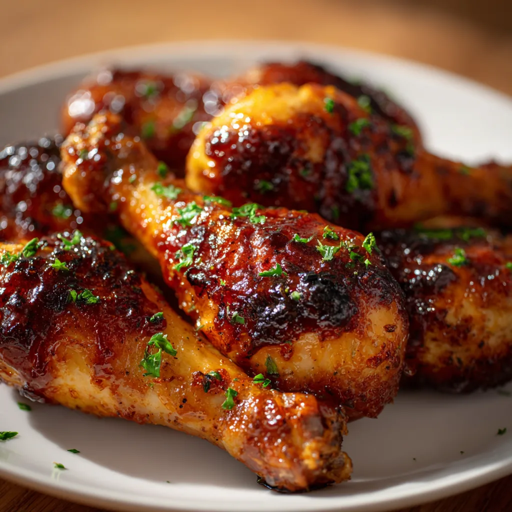 BBQ_air_fryer_chicken 1 Close-up of BBQ air fryer chicken drumsticks glazed with smoky barbecue sauce, crispy golden skin, sprinkled with fresh parsley, served on a white plate, warm natural lighting.