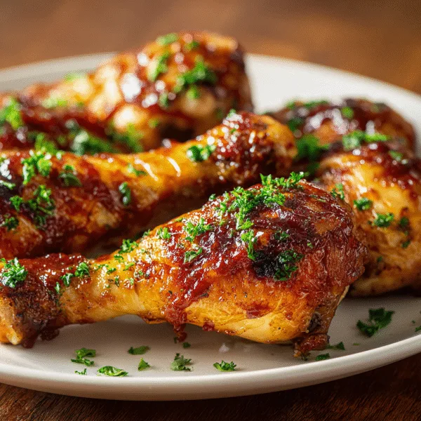 Close-up of BBQ air fryer chicken drumsticks glazed with smoky barbecue sauce, crispy golden skin, sprinkled with fresh parsley, served on a white plate, warm natural lighting.